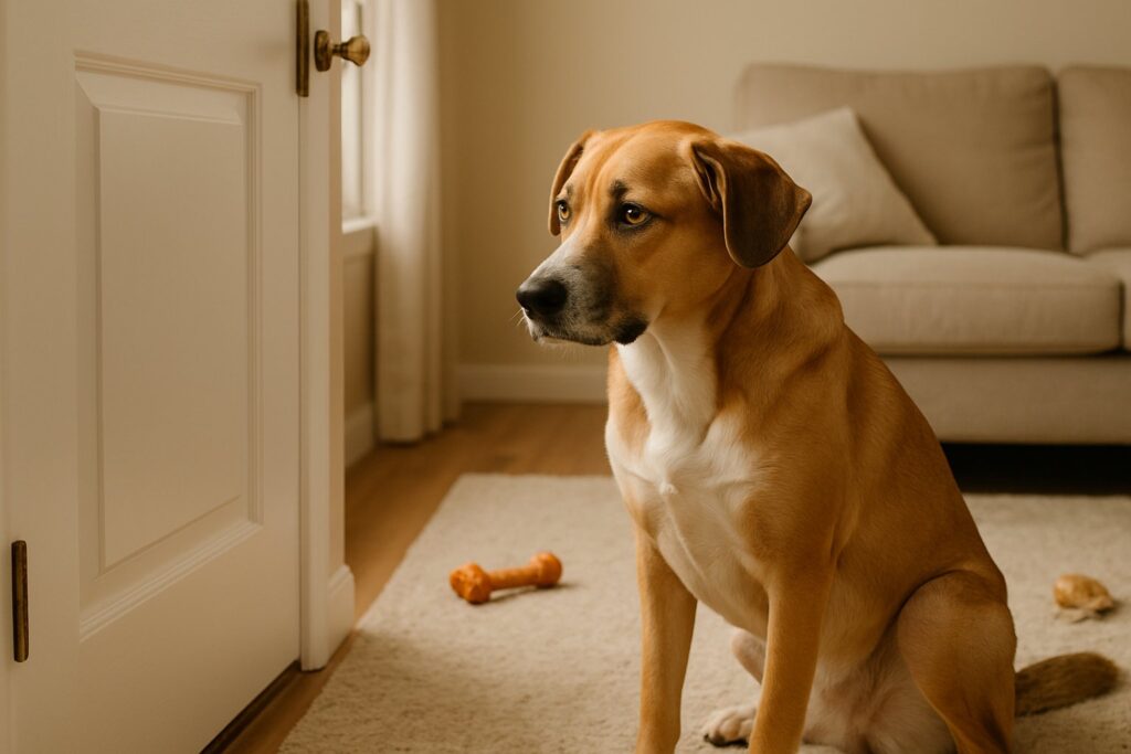 Koira istuu surullisena oven lähellä sisätilassa, odottaen että omistaja palaa.