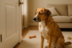 Koira istuu surullisena oven lähellä sisätilassa, odottaen omistajaa palaamaan.