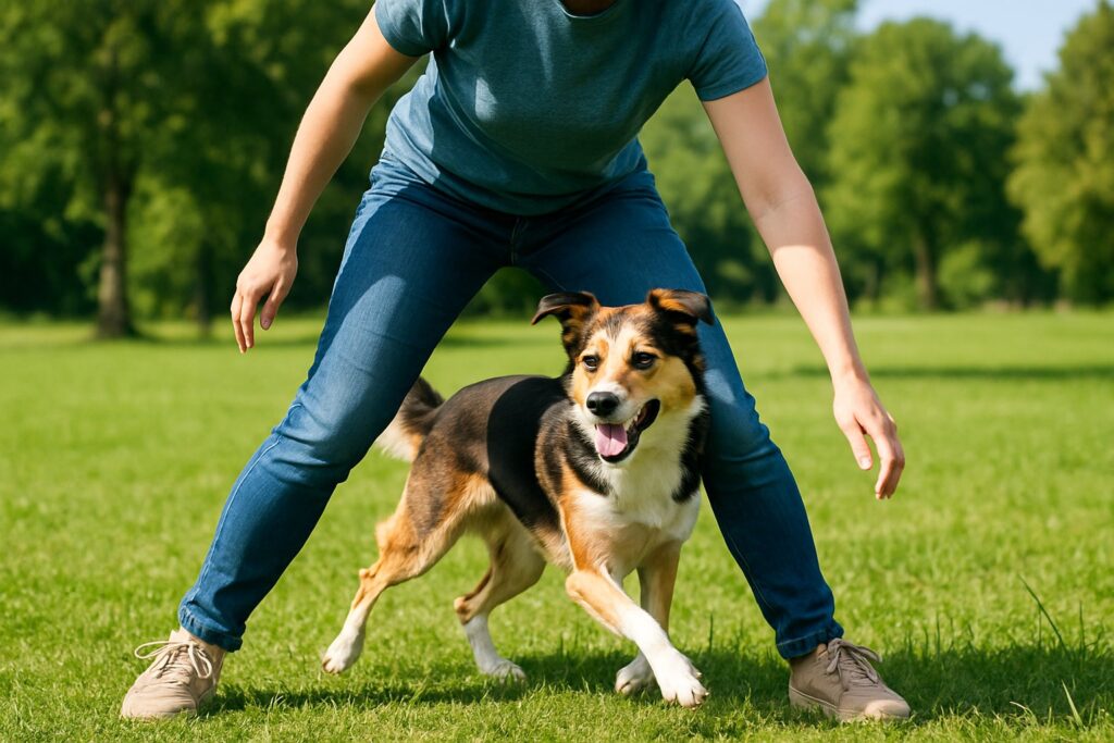 Henkilö opettaa koiraa pujottelemaan jalkojensa välistä ulkona puistossa.