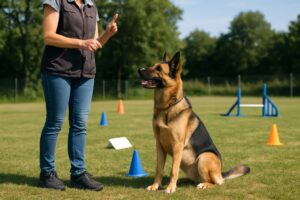 Koira istuu ulkona nurmikolla, ohjaaja seisoo vieressä ja katsoo koiraa.