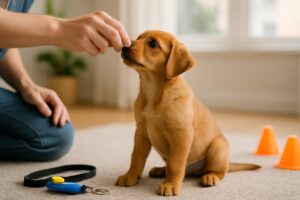 Koiranpentu istuu keskittyneenä matolla ja seuraa kouluttajan kättä, joka pitää herkkupalaa kädessään.