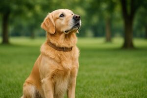 Koira kuuntelee tarkasti omistajansa ohjeita metsän reunalla