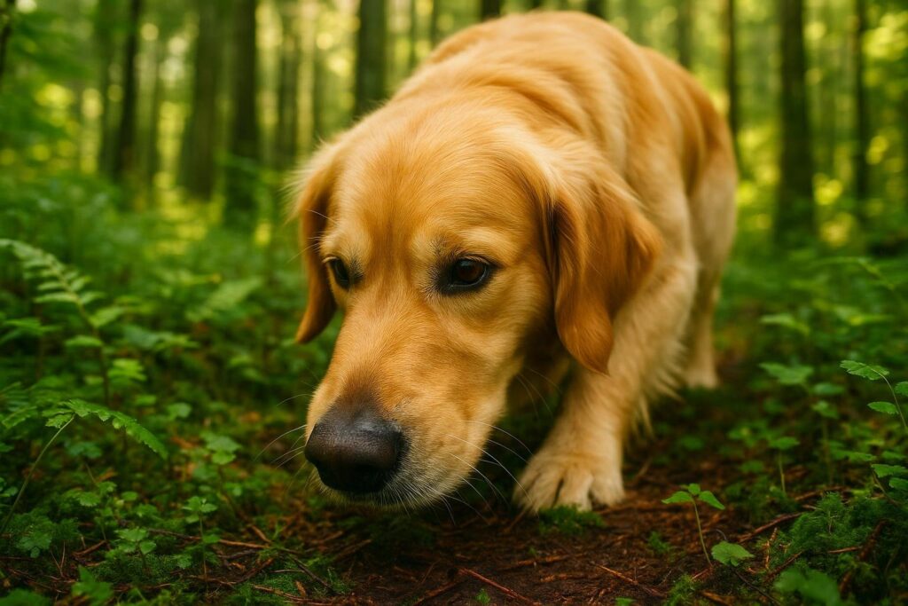 Koiran hajutyöskentelyä metsässä - Kuonon kurssit